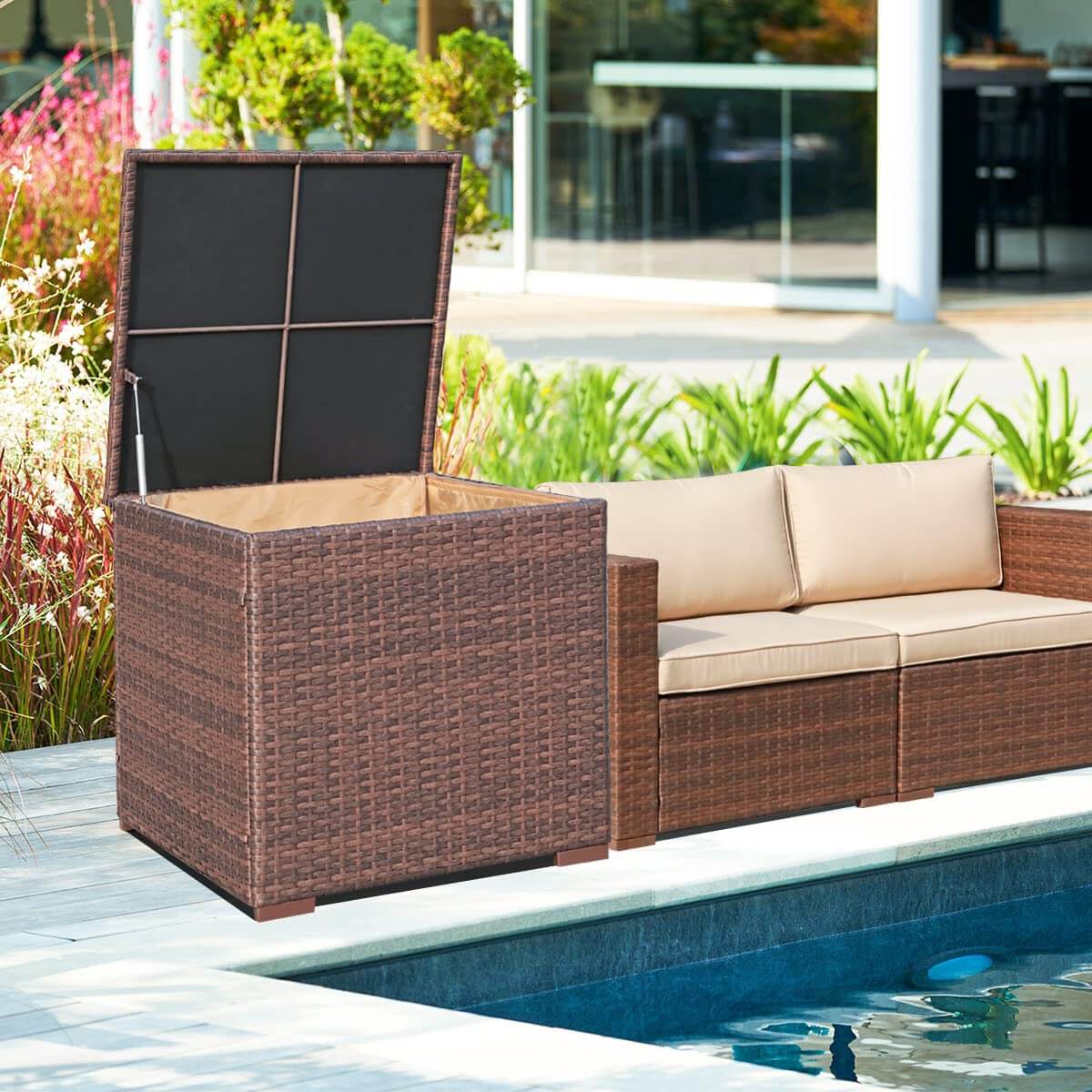 88 Gallon Waterproof Outdoor Storage Box Wicker Deck Box for Patio Furniture