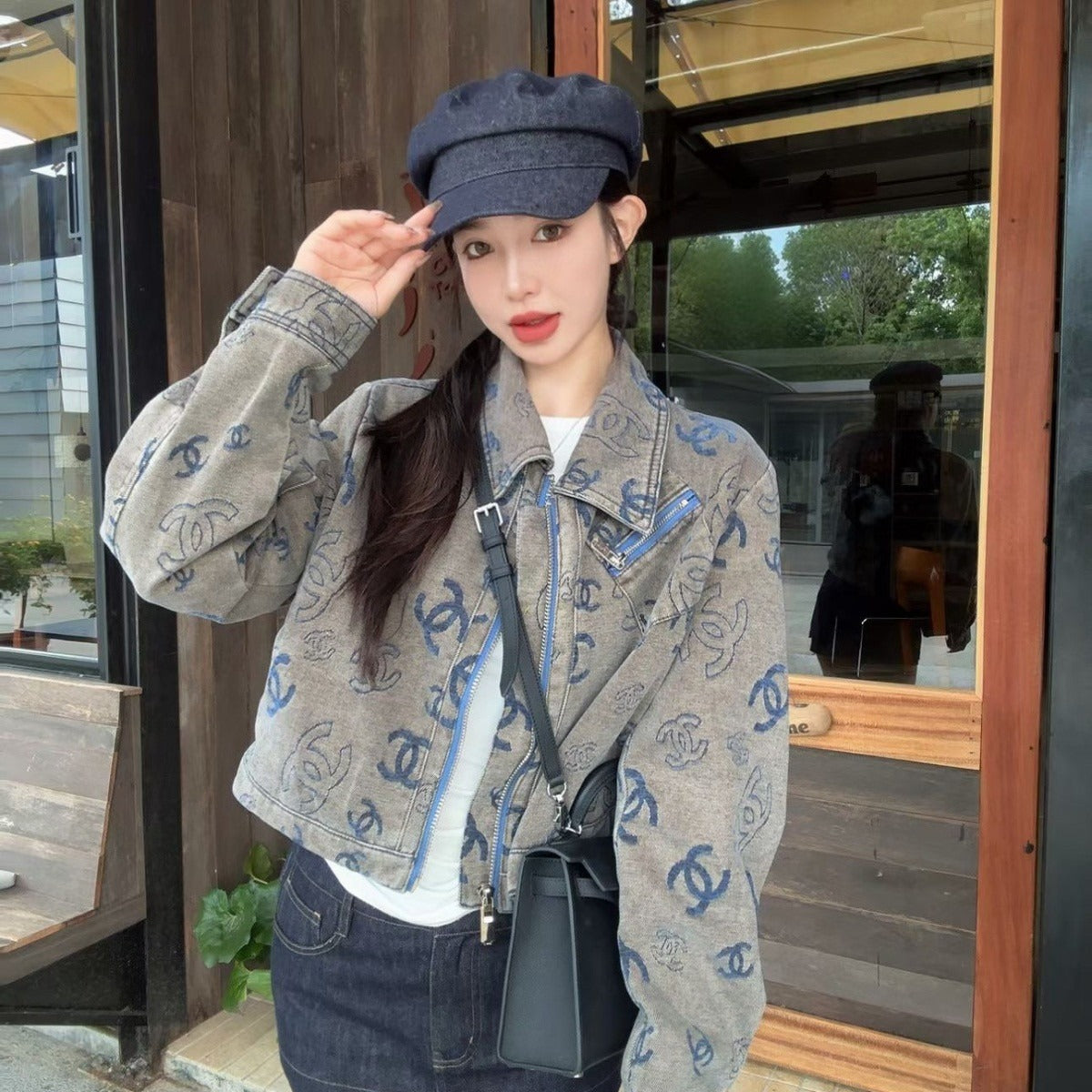 CHA Women's New Winter Chic‑Style Cropped Vintage Denim Jacket with All‑Over Logo Print PD0426082706
