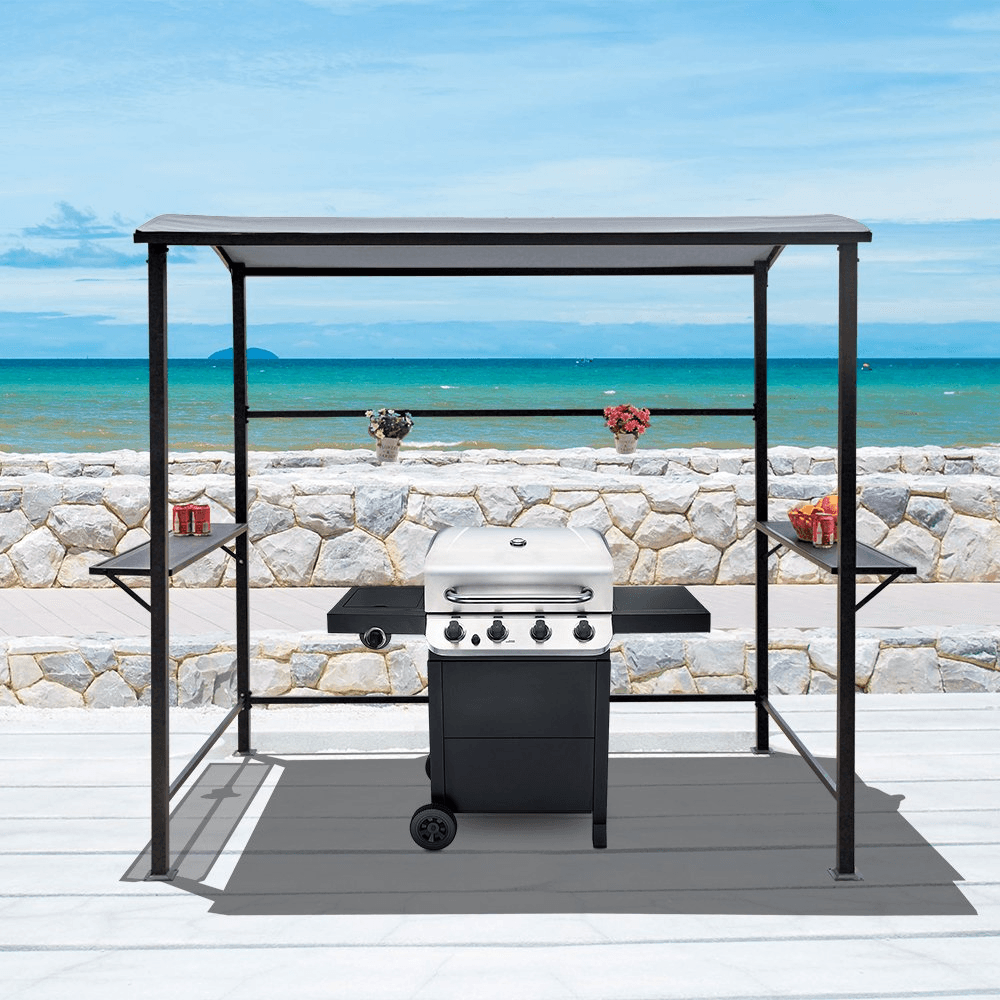 Grill Gazebo 8' by 4.6' Metal BBQ Shelter with Single-Tier Soft Top and Shelves, Grey