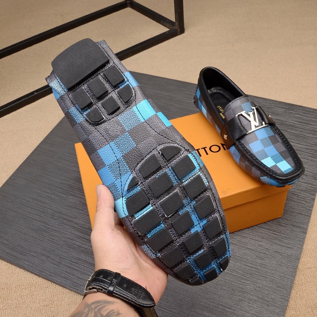 Blue And Gray Grid pattern Leather Dress Shoes