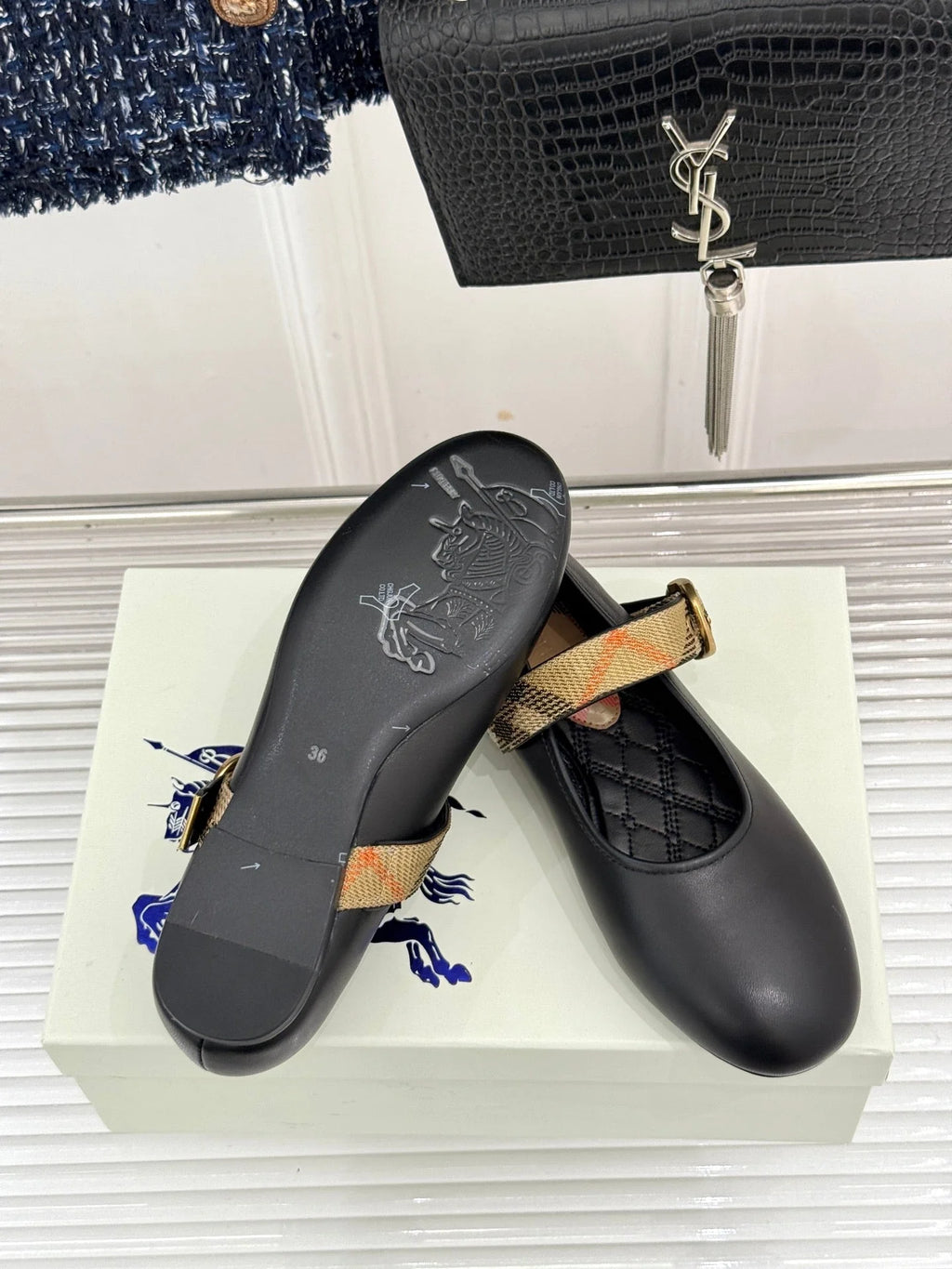 BB Robin Mary Jane Flats Check Strap Black Leather 956170