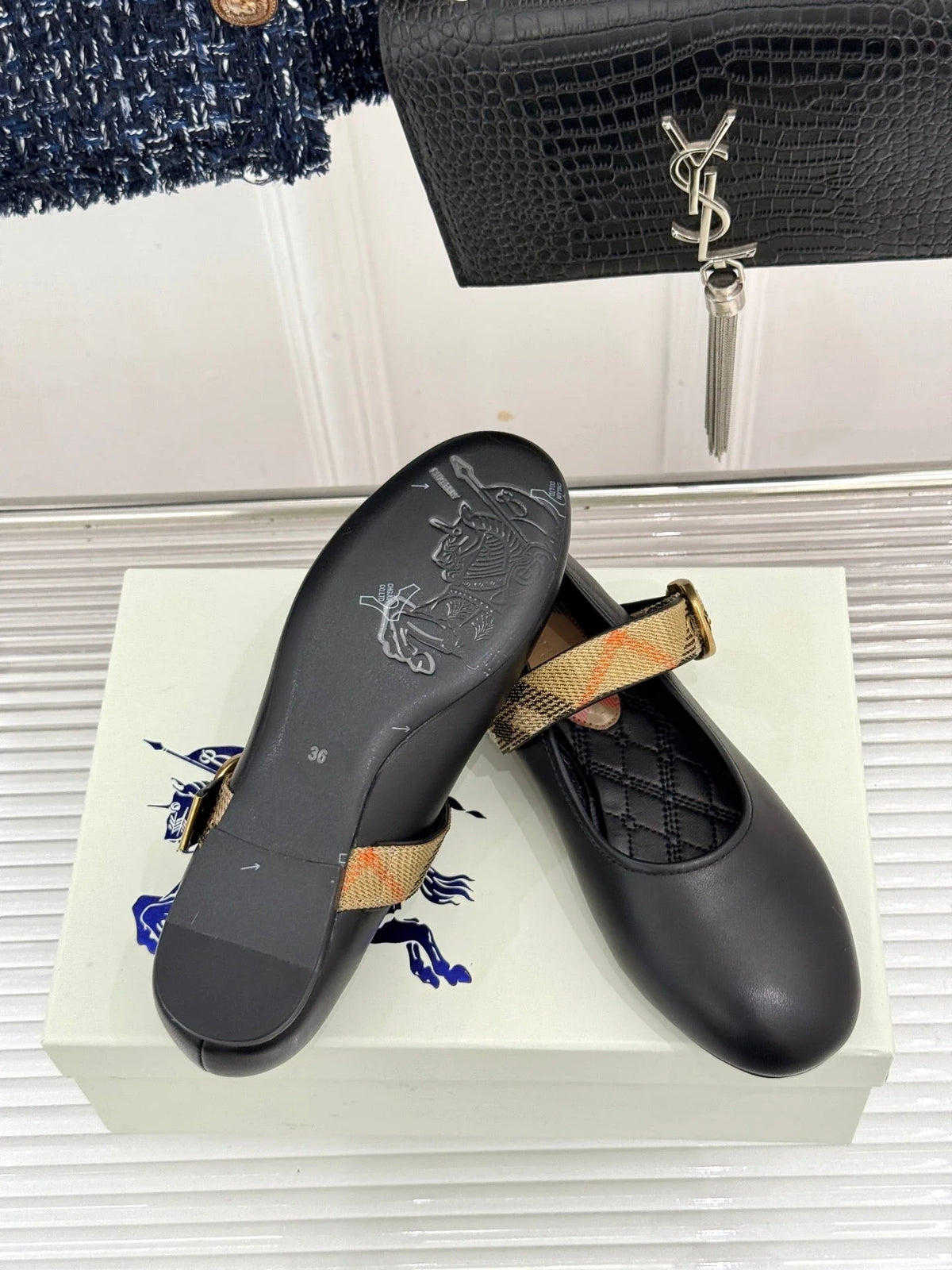 BB Robin Mary Jane Flats Check Strap Black Leather 956170