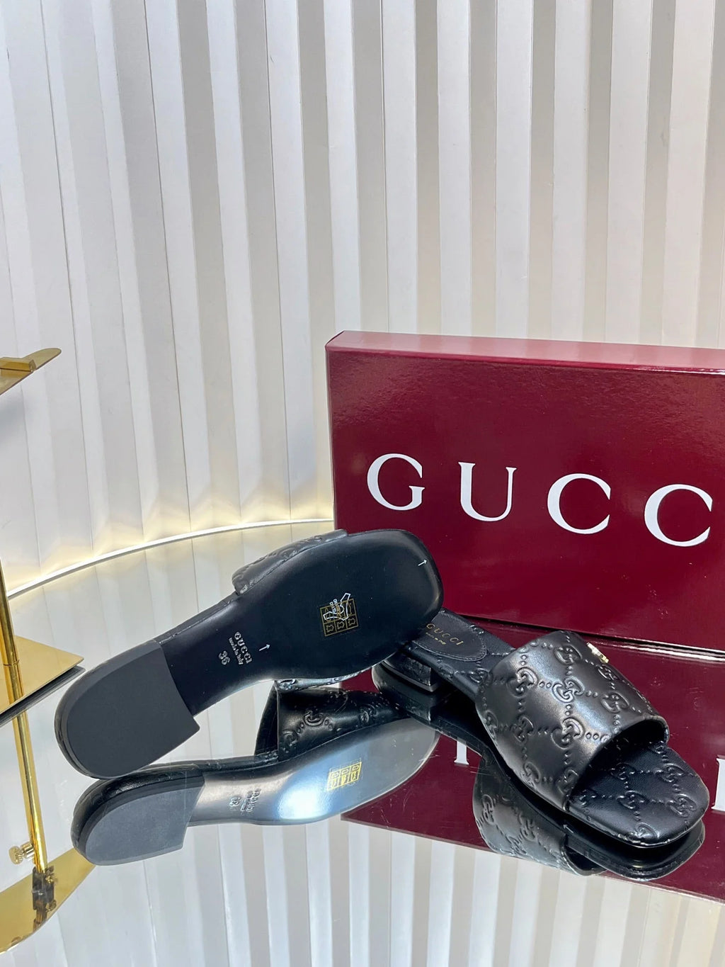GC Double G Slide Sandals Embossed Leather 294636