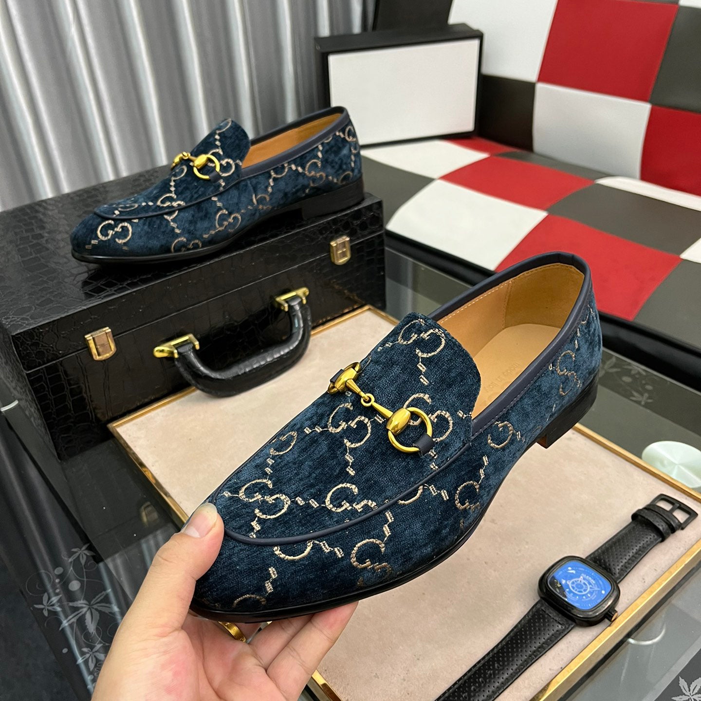 Blue Suede Double Buckle Fashion Men's Casual Loafers