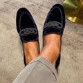New blue suede fringed slip-ons