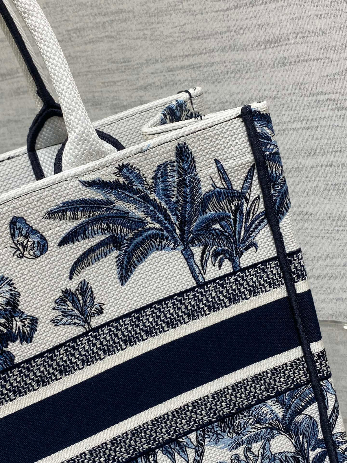 CD Medium CD Book Tote Tropical Pattern Slate Blue White Black Cotton