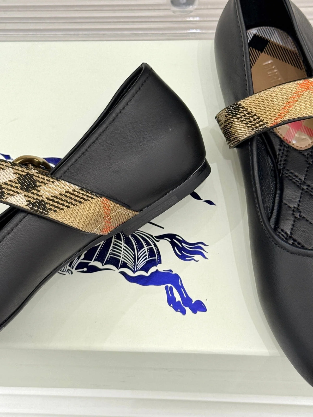 BB Robin Mary Jane Flats Check Strap Black Leather 956170