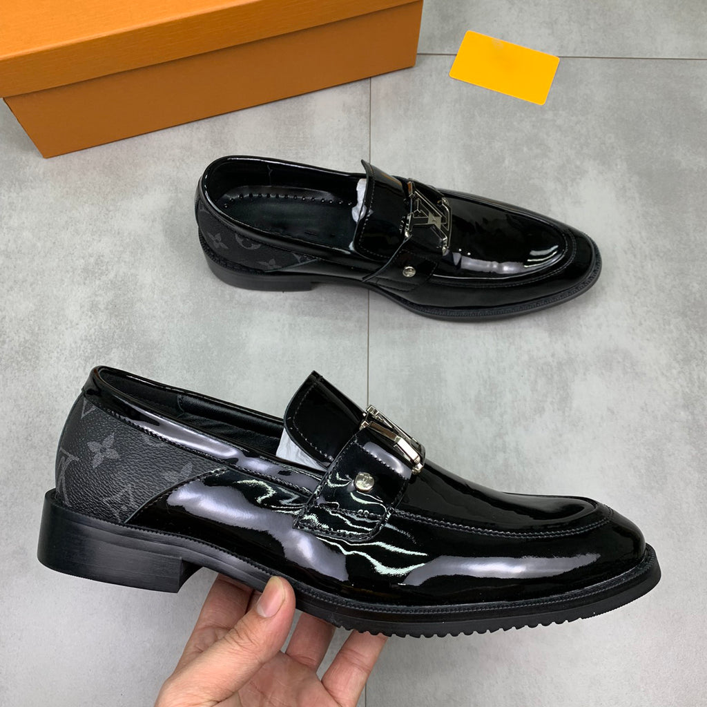 Bright Black Leather Casual Men's Dress Loafers