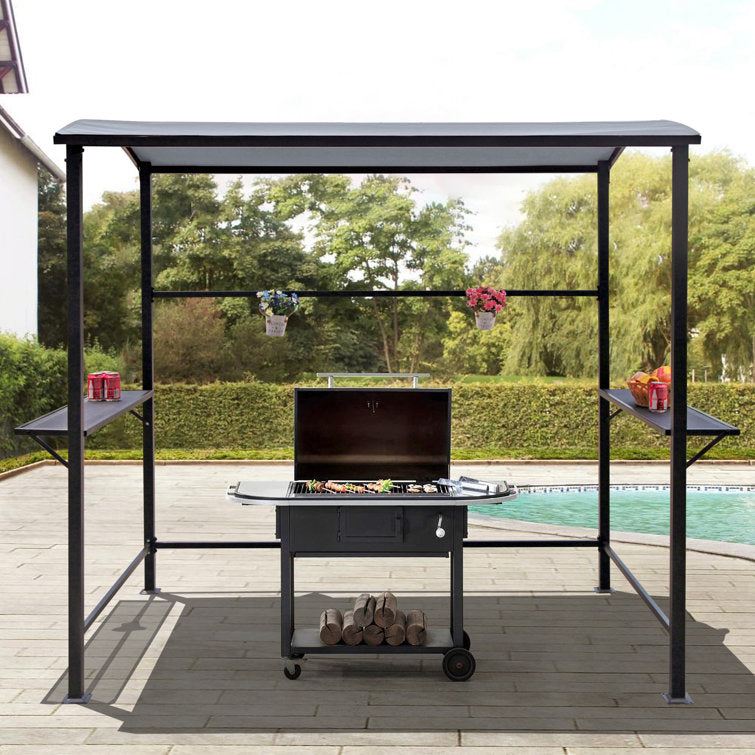 Grill Gazebo 8' by 4.6' Metal BBQ Shelter with Single-Tier Soft Top and Shelves, Grey