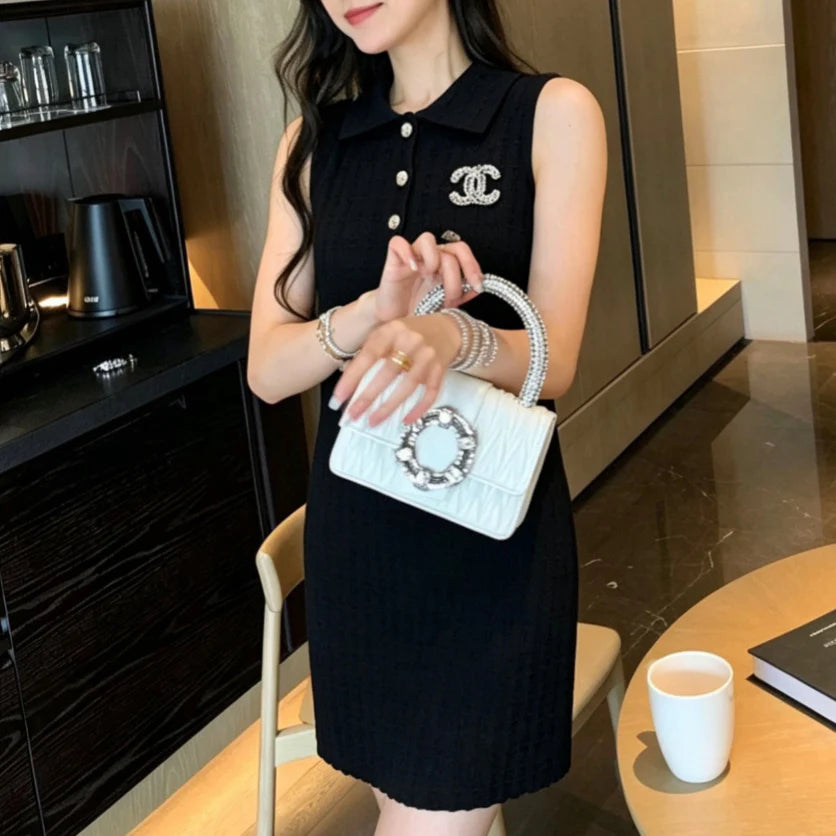 Fitted Knit Dress with Lapel Collar and Double C Emblem 1026052012