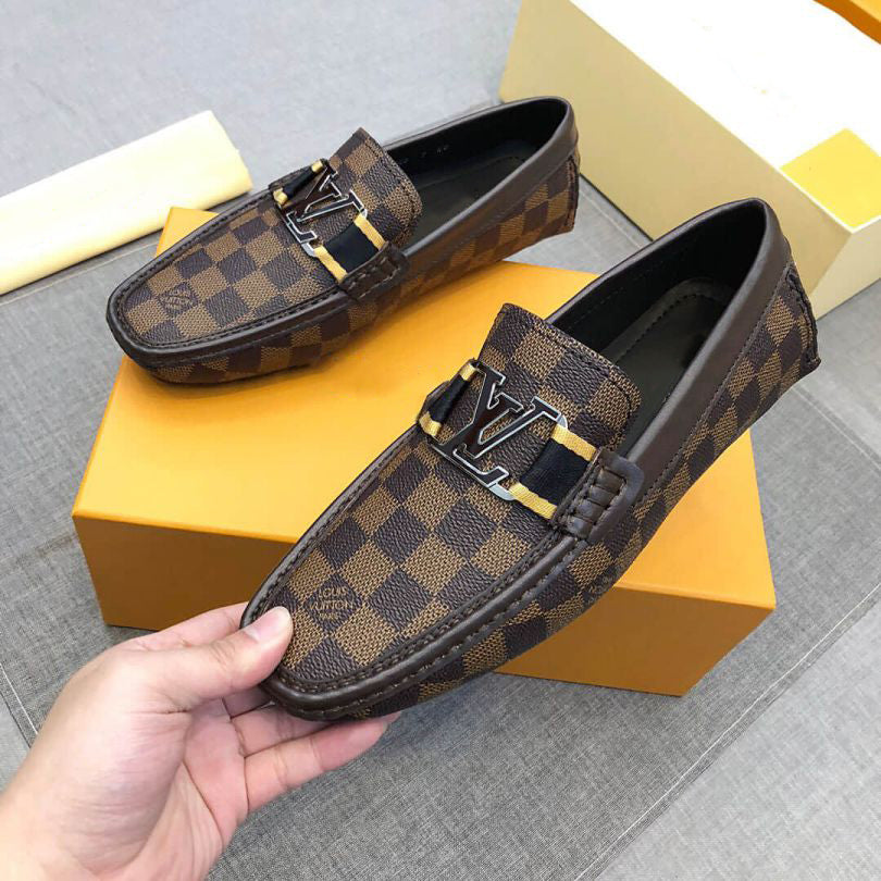 Luxury Plaid Leather Men Dress Slip-on Shoes Grey
