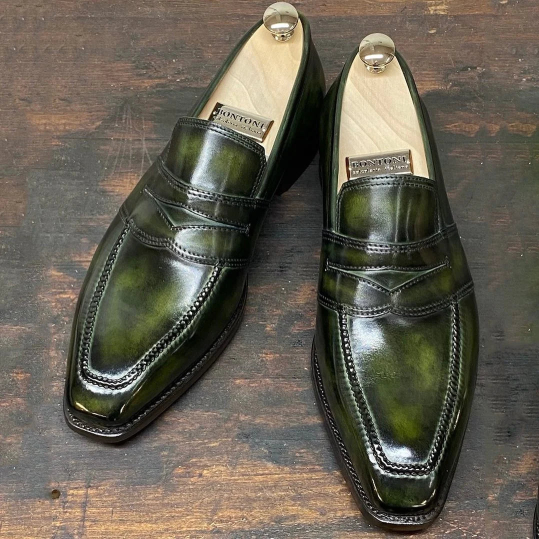 Classic fashion trend dark green men's loafers leather shoes