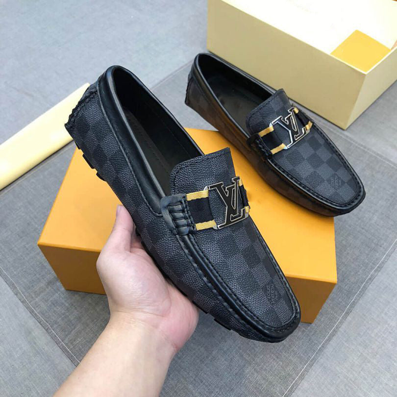 Luxury Plaid Leather Men Dress Slip-on Shoes Grey