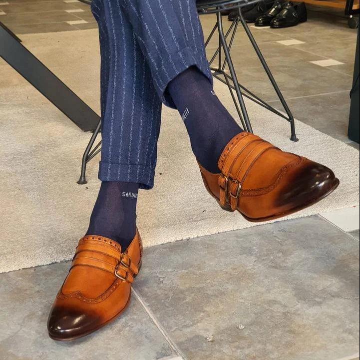 Stefano Tan Buckle Wingtip Loafers Shoes
