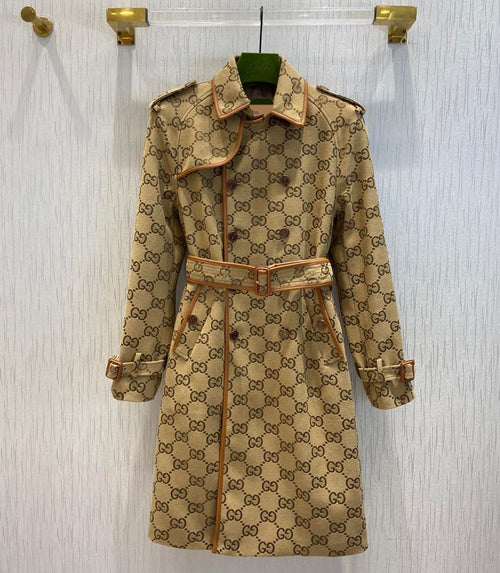 Autumn and winter new jacquard and leather edge trench coat double-breasted mid-length retro fashionable temperament coat