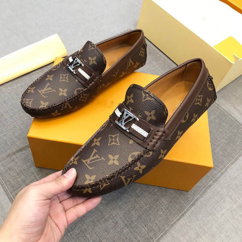 Plaid Leather Men Slip-on Shoes Brown