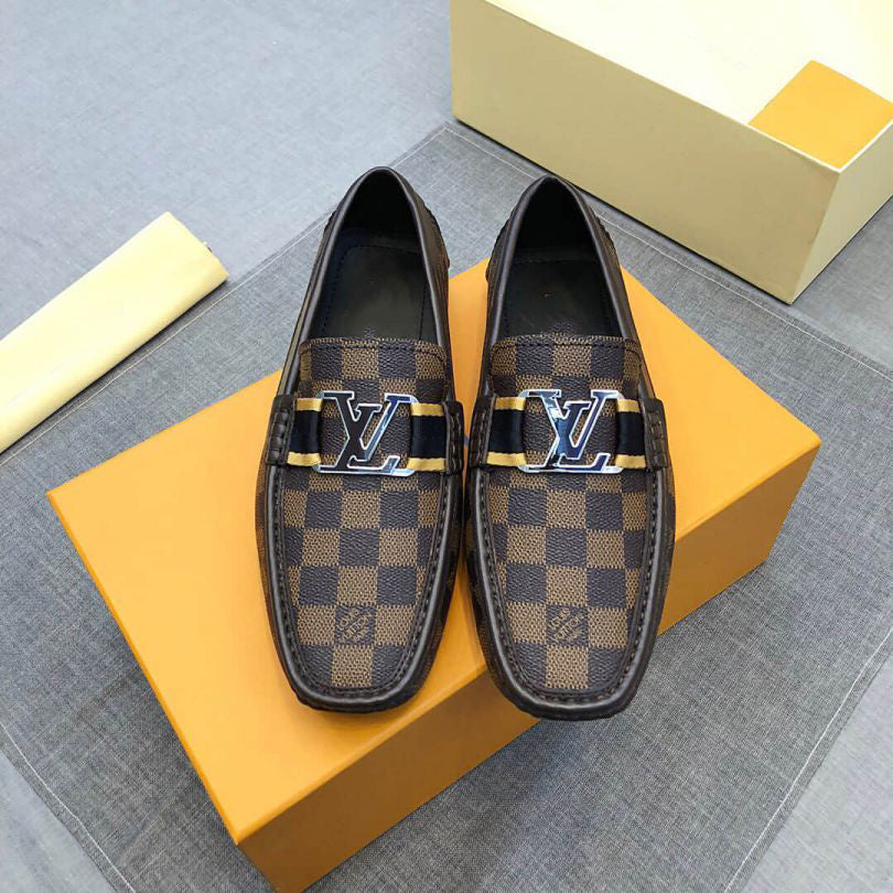 Luxury Plaid Leather Men Dress Slip-on Shoes Grey