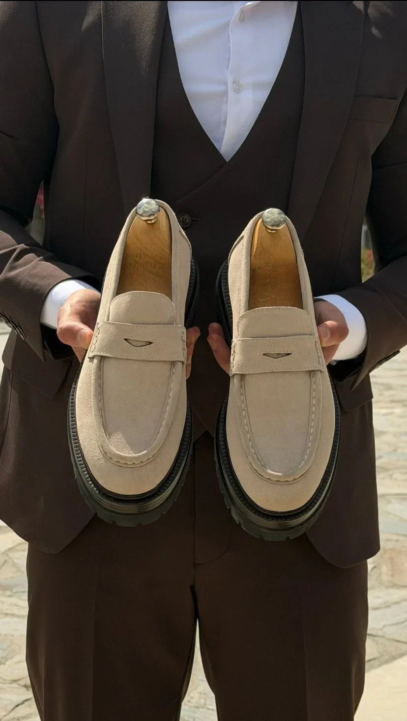 Beige Suede Chunky Penny Loafers