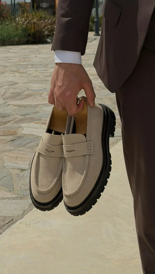 Beige Suede Chunky Penny Loafers