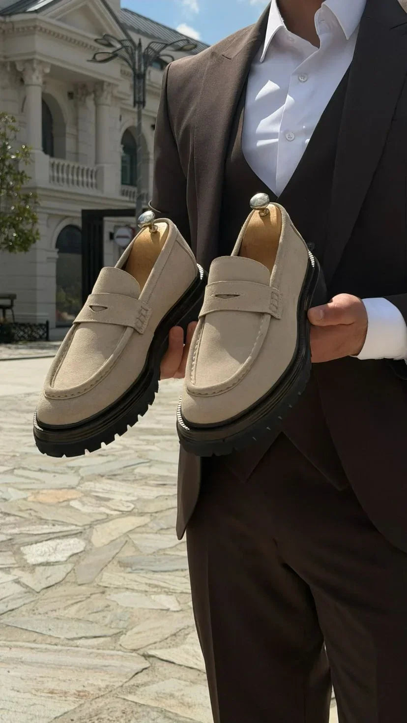 Beige Suede Chunky Penny Loafers