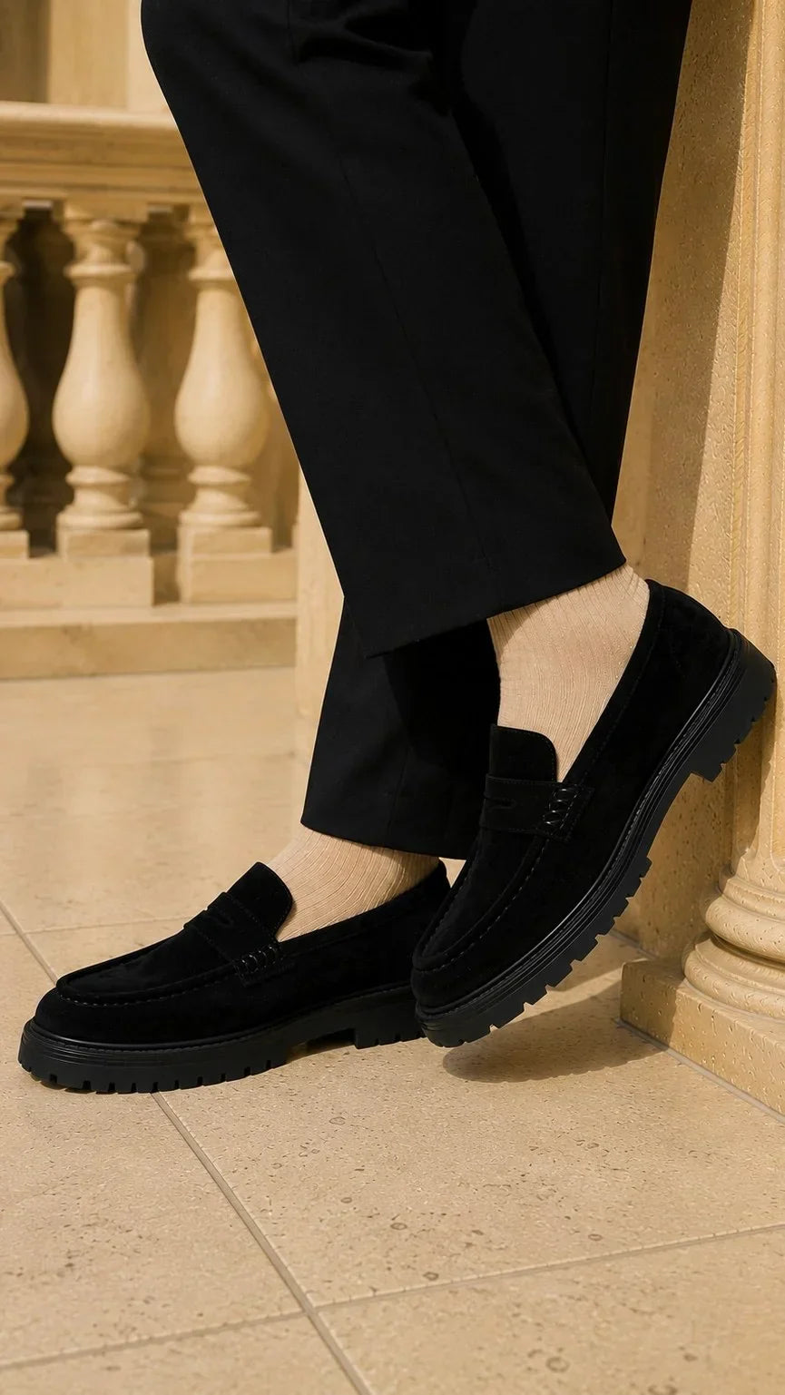 Black Suede Chunky Penny Loafers