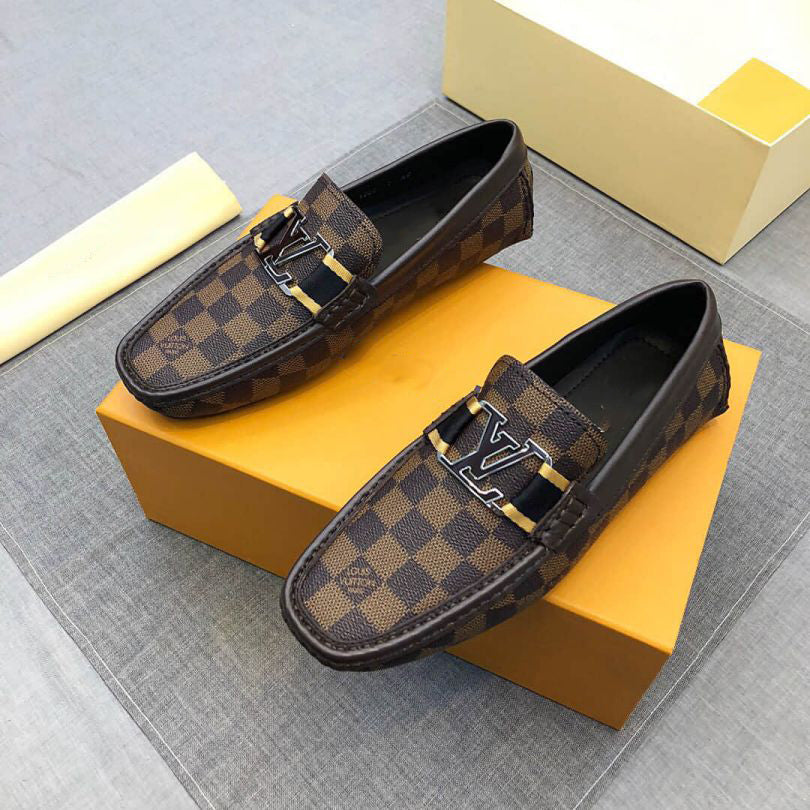 Luxury Plaid Leather Men Dress Slip-on Shoes Grey