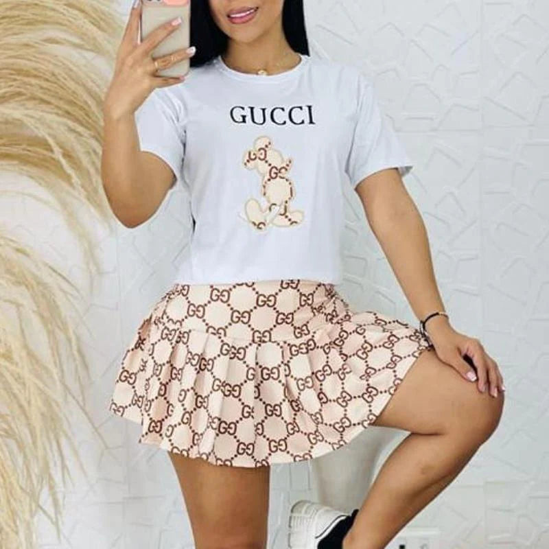 Summer New Temperament Short Sleeve Skirt Two-piece 3D-1024031809
