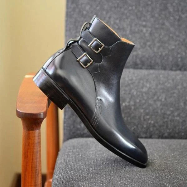 Black Double Buckle Ankle High Leather Boot