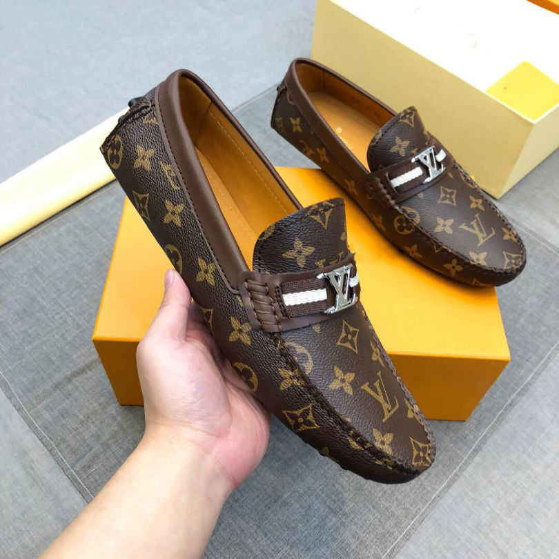Plaid Leather Men Slip-on Shoes Brown