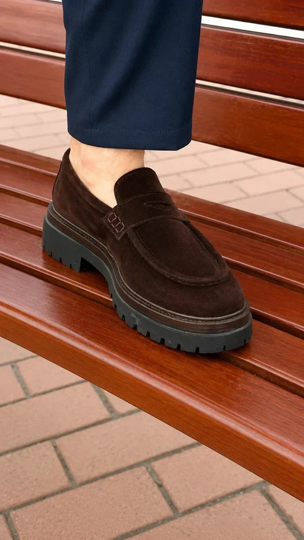 Dark Brown Suede Chunky Penny Loafers