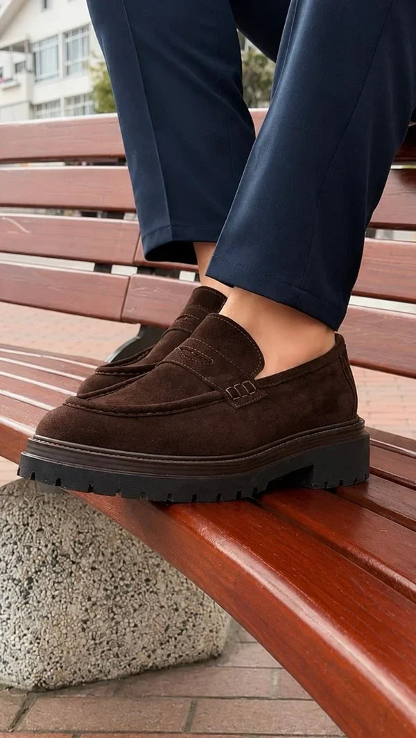 Dark Brown Suede Chunky Penny Loafers