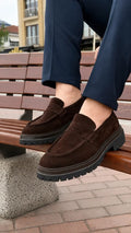 Dark Brown Suede Chunky Penny Loafers
