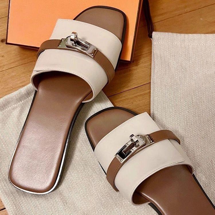 New Fashion Small Gold Buckle Leather Slippers 1024032016