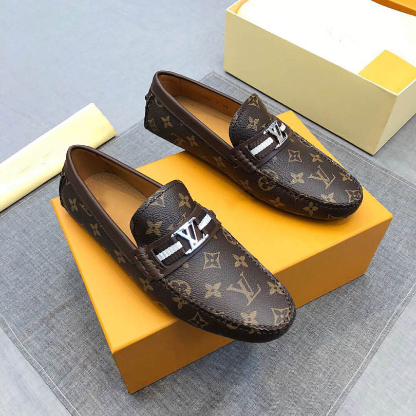 Plaid Leather Men Slip-on Shoes Brown