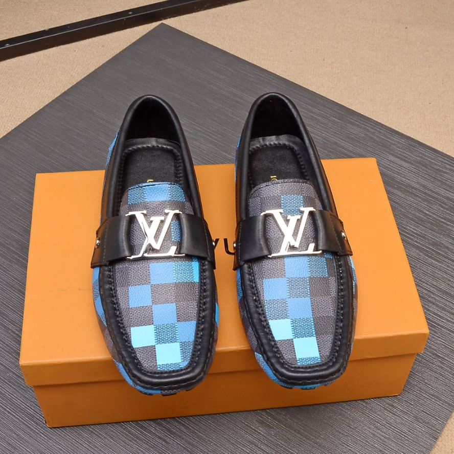 Blue And Gray Grid pattern Leather Dress Shoes