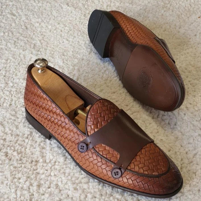 Bristol Tan Woven Leather Double Monk Strap Loafers Shoes