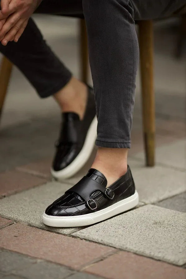Empire Black Crocodile Pattern Monk Strap Shoes