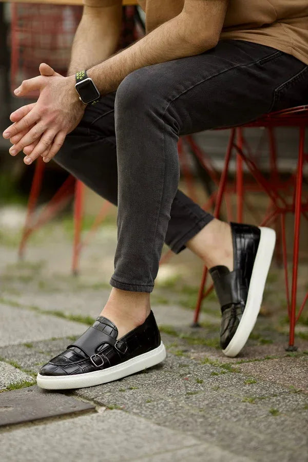 Empire Black Crocodile Pattern Monk Strap Shoes