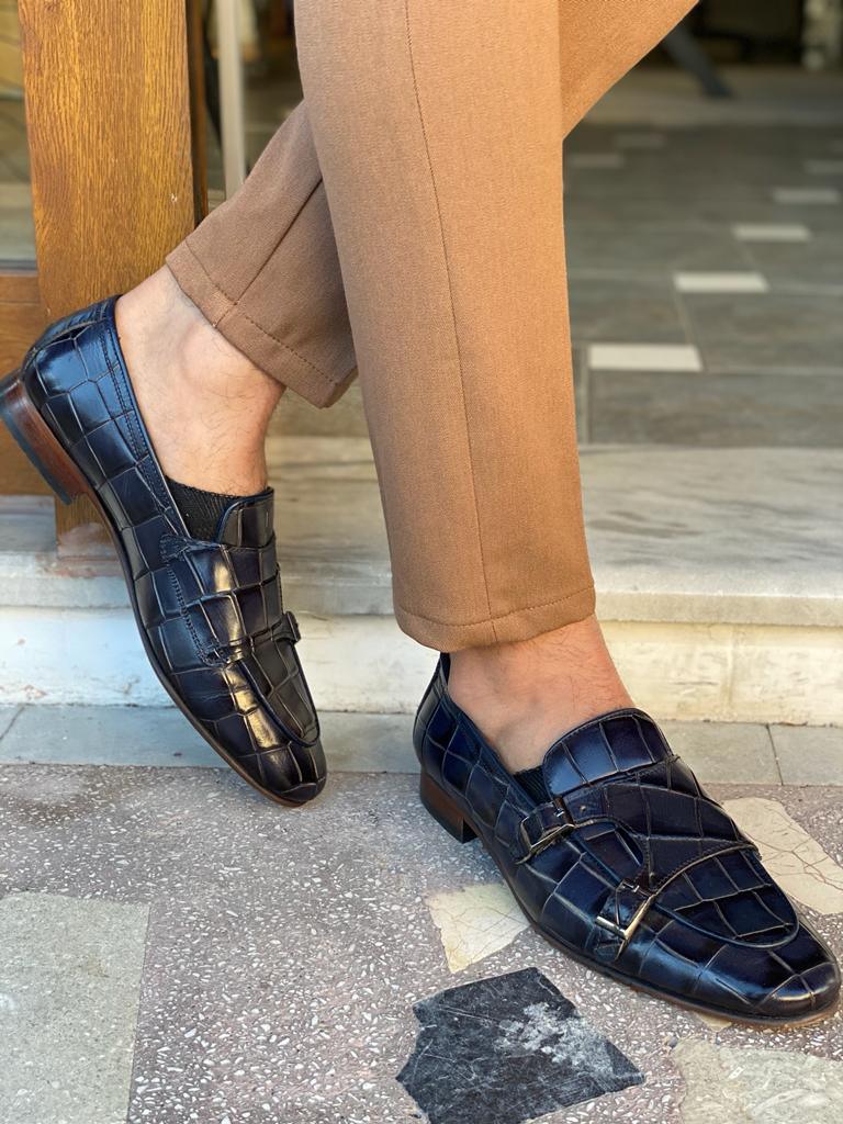Empire Navy Blue Double Monk Strap Shoes