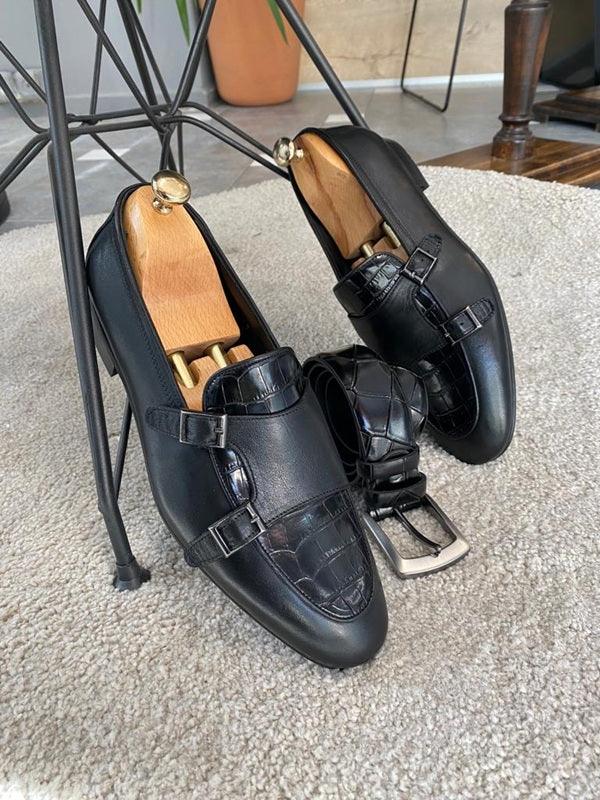 GentWith Enid Black Double Monk Strap Shoes