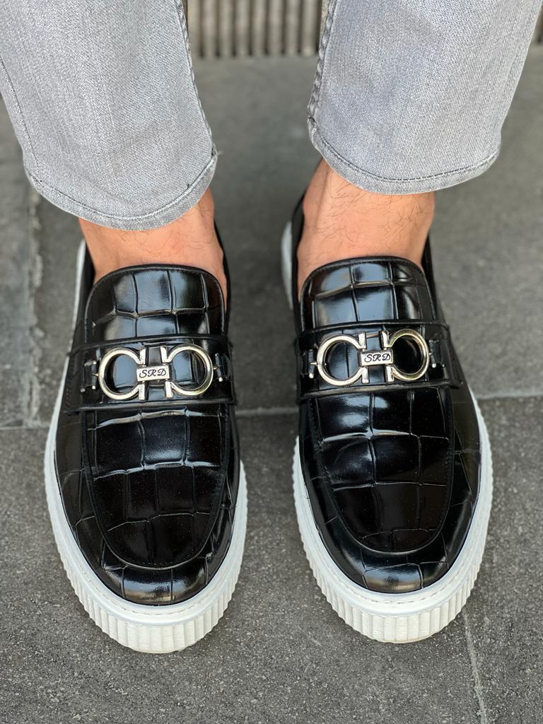 Laughlin Crocodile Pattern Black Bit Loafers