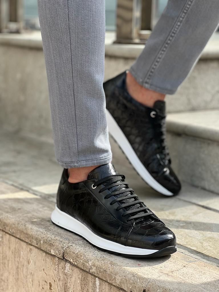 Laughlin Crocodile Pattern Mid-Top Black Sneakers