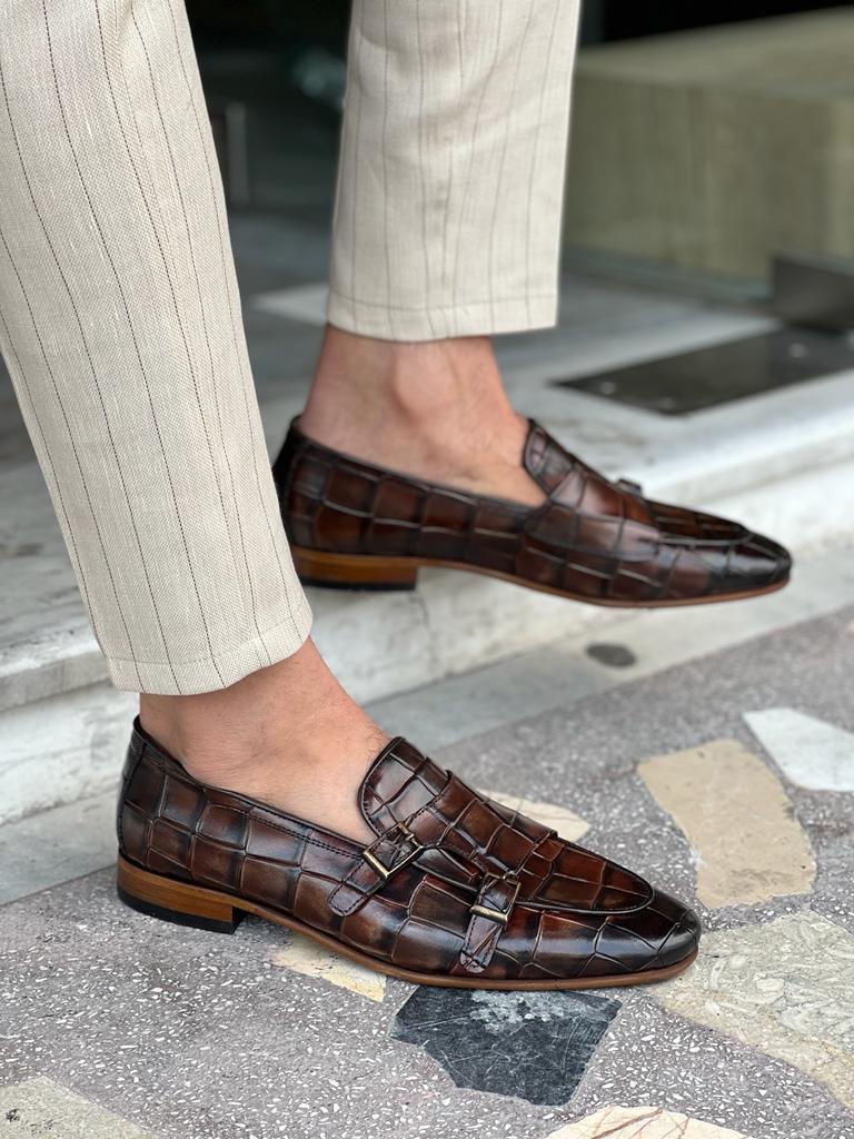 Tampa Crocodile Pattern Brown Double Monk Strap Shoes