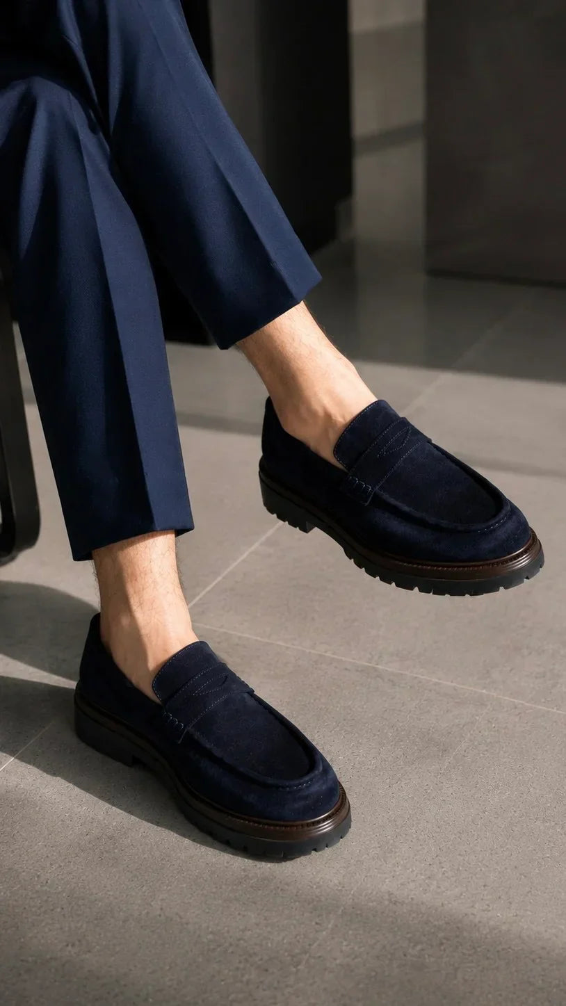 Navy Blue Suede Chunky Penny Loafers