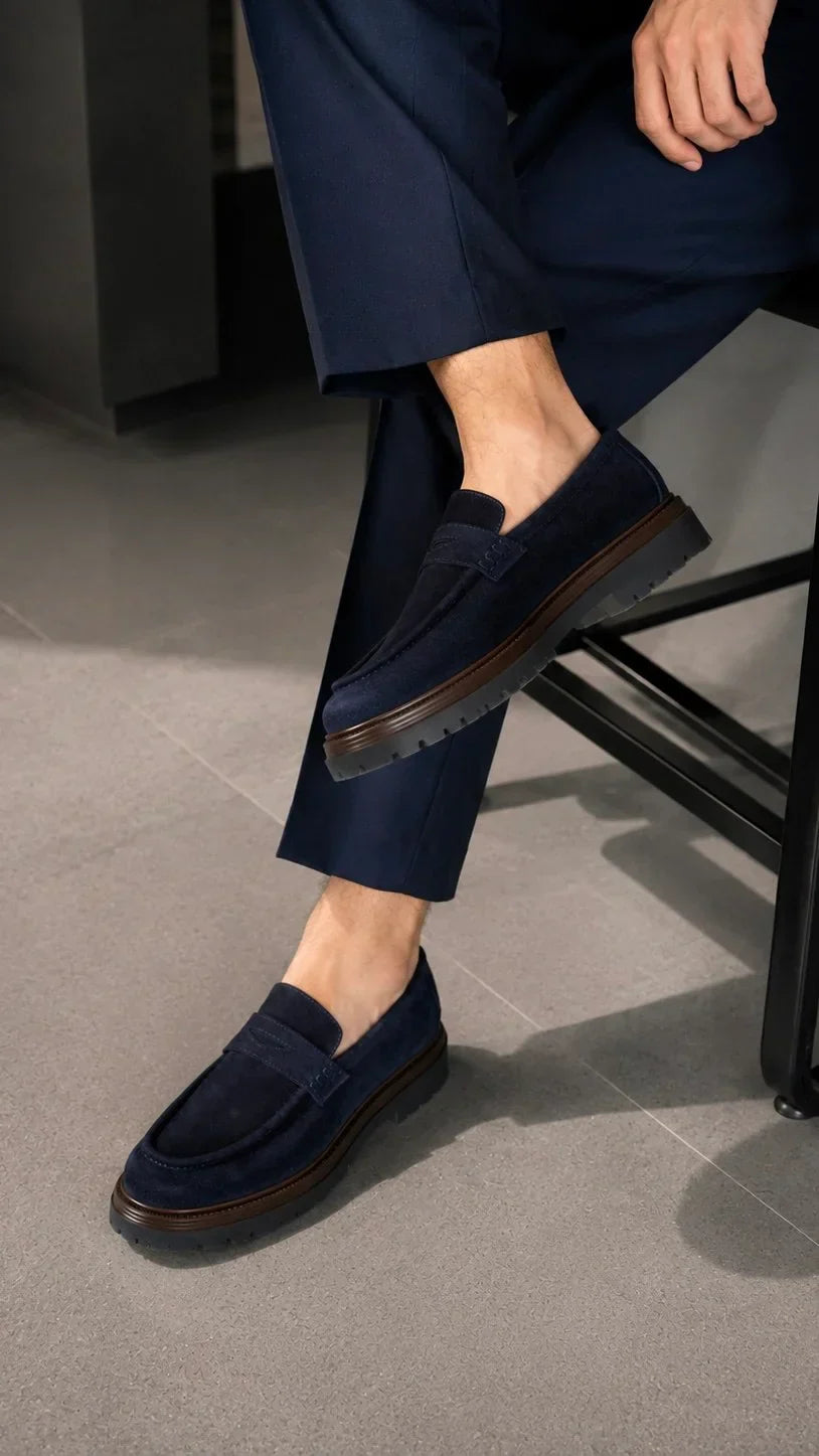 Navy Blue Suede Chunky Penny Loafers