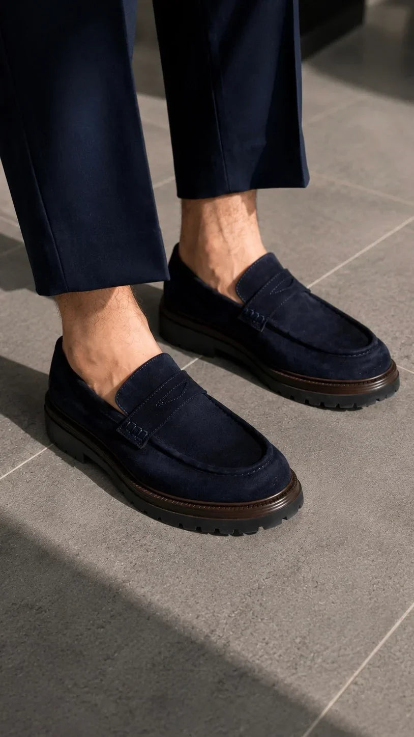 Navy Blue Suede Chunky Penny Loafers