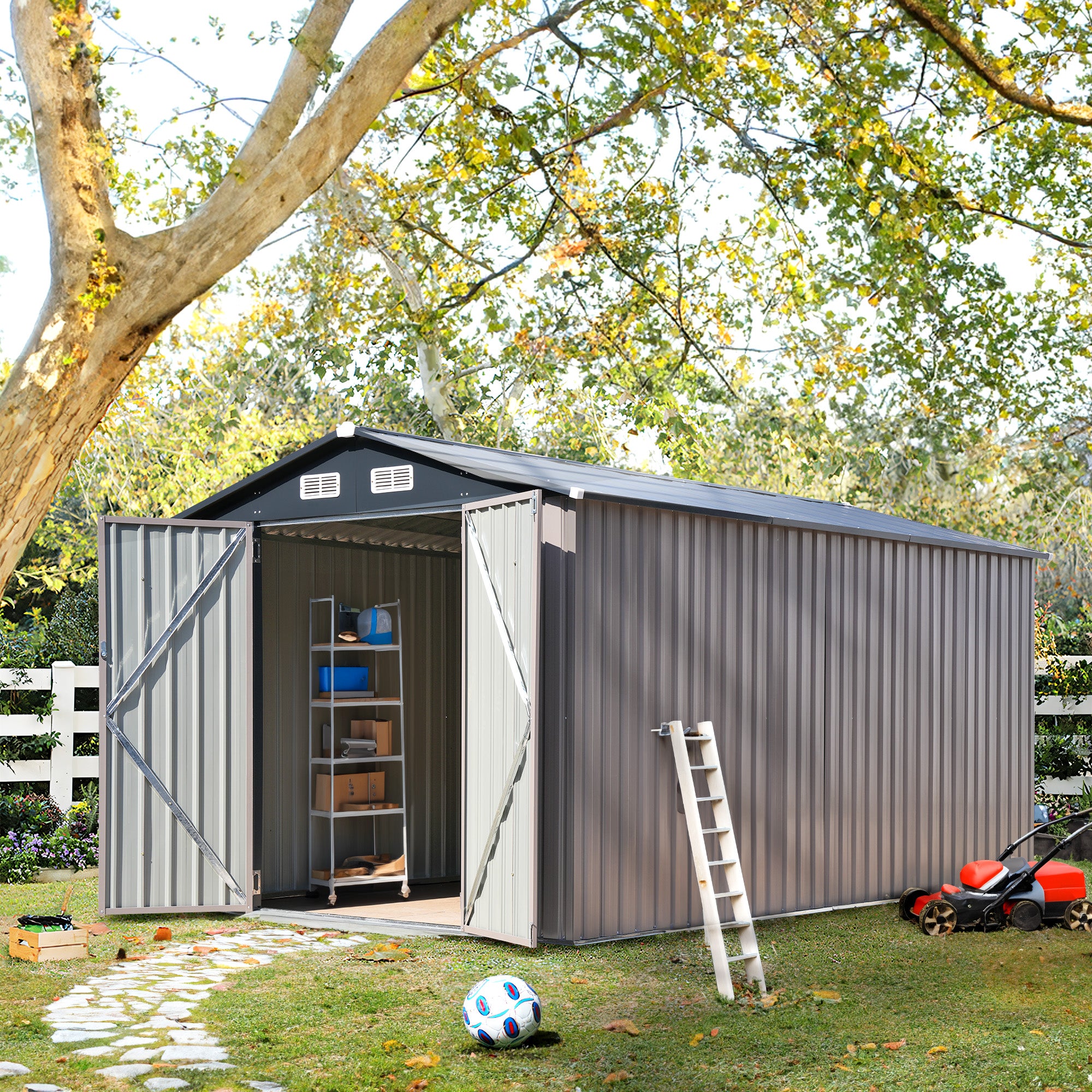 8'x 12' Metal Outdoor Storage Shed Brown Garden Tool Shed for Backyard & Patio