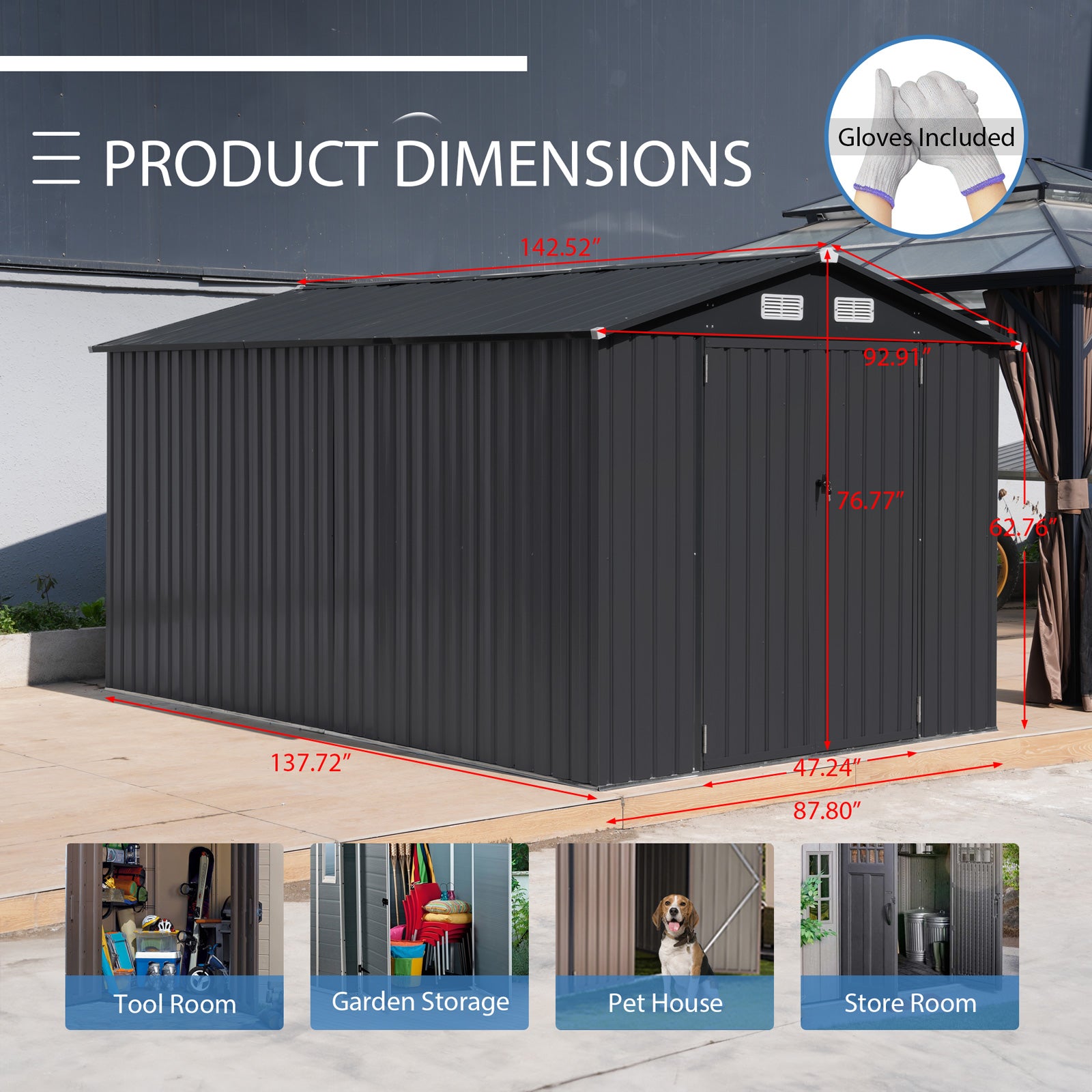 8'x 12' Outdoor Storage Shed Metal Garden Tool Shed for Backyard, Patio, Lawn, Black