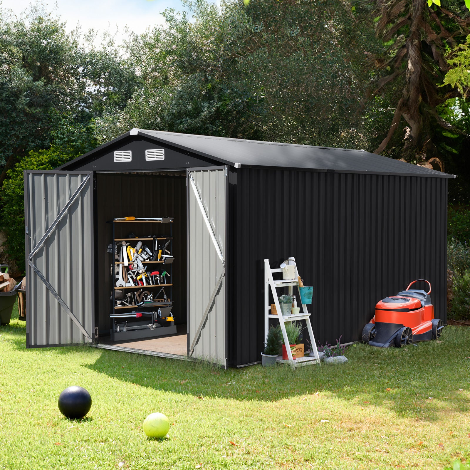 8'x 12' Outdoor Storage Shed Metal Garden Tool Shed for Backyard, Patio, Lawn, Black