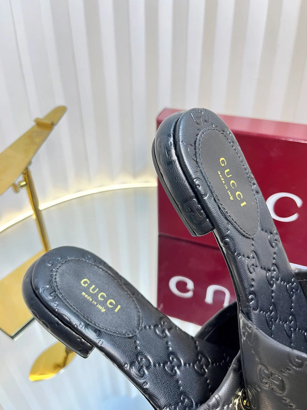 GC Double G Slide Sandals Embossed Leather 294636